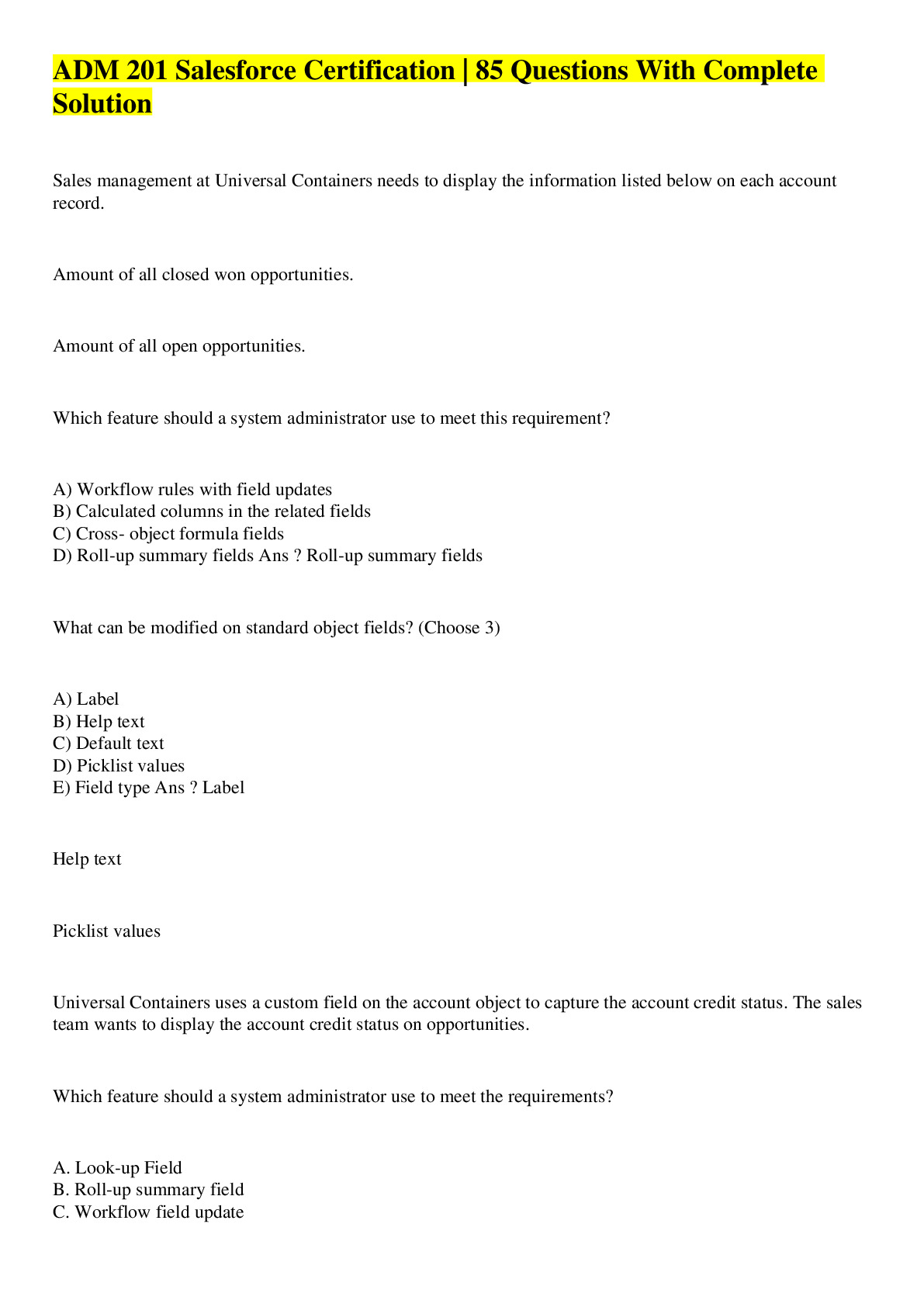 Preview image of ADM 201 Salesforce Certification | 85 Questions With Complete Solution document